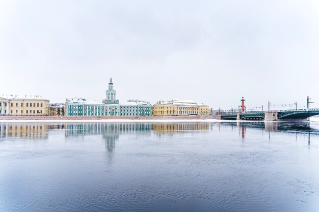 Panorama miasta, zamarznięta Neva w Sankt Petersburgu, zimowy krajobraz