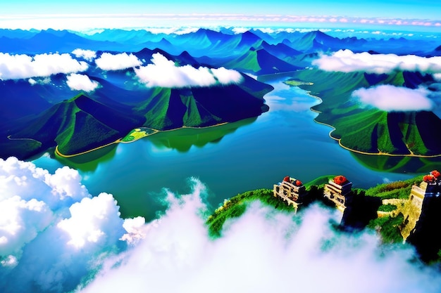 Zdjęcie panorama nad chmurami z okna samolotu generative ai