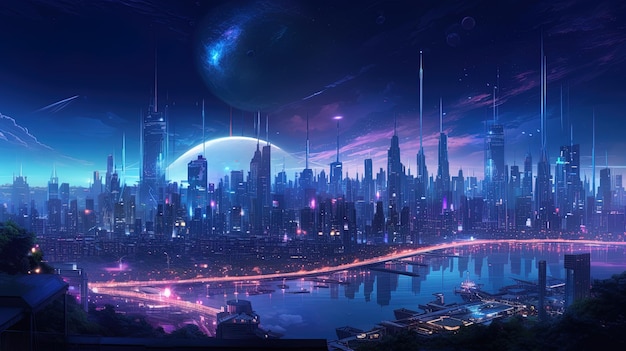 Panorama nocnego miasta neonowego światła AI