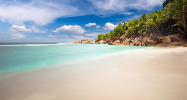 Panorama palm i tropikalnej plaży Plaża Anse Lazio na wyspie Praslin Seszele długa ekspozycja vintage tonowanie Koncepcja podróży na wakacje z palmami i tropikalną plażą