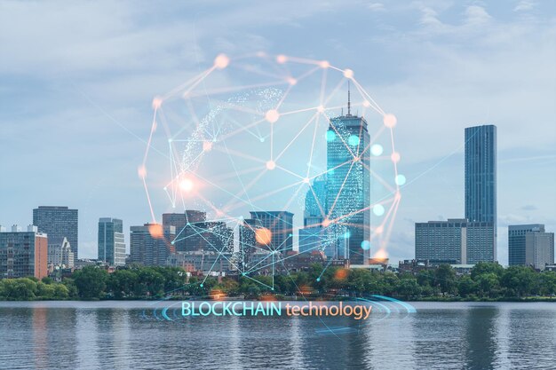 Panorama panoramę miasta Boston w ciągu dnia Massachusetts Centrum technologiczne i polityczne Budynek na zewnątrz centrum finansowego Blockchain i koncepcja kryptografii hologram