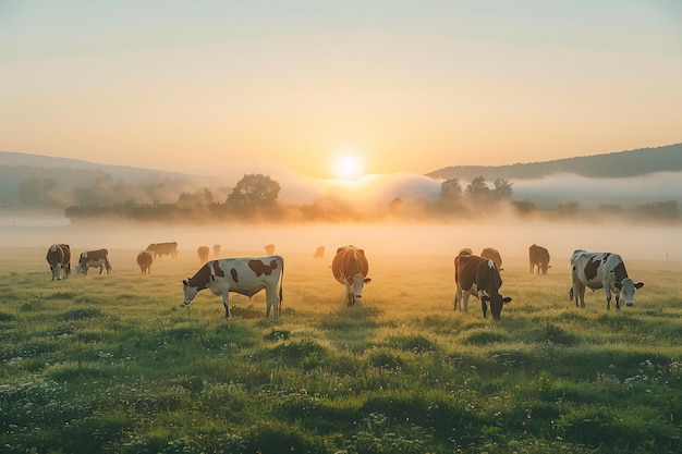 Panorama paszących się krów na łące z trawą Wschód słońca w porannym mgle Paszające się zwierzęta