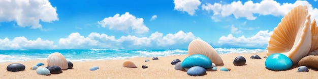 Panorama plaży oceanu w słoneczny dzień z dużymi i małymi muszlami i kamieniami morskimi Ilustracja pejzażu morskiego z falami piaszczystej plaży turkusowa woda i niebo z białymi chmurami Generacyjna sztuczna inteligencja
