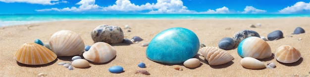 Panorama plaży oceanu w słoneczny dzień z dużymi i małymi muszlami i kamieniami morskimi Ilustracja pejzażu morskiego z piaszczystą plażą turkusową wodą i niebem z białymi chmurami Generacyjna sztuczna inteligencja