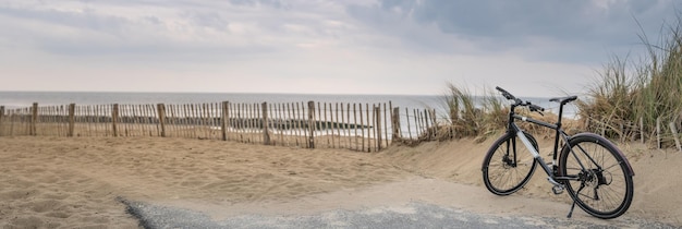 Panorama plaży z rowerem w Belgii