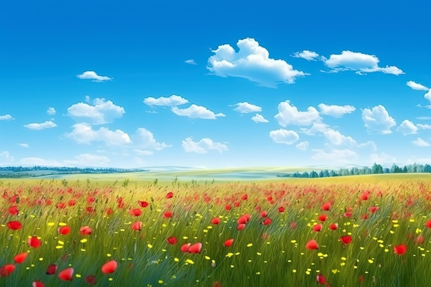 Panorama pól łąk z kwiatami w lecie pod niebem Ilustracja generatywna AI
