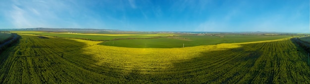 Panorama pól z rośliną w dolinie na tle wsi i nieba w Bułgarii