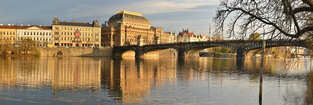 Panorama Pragi Teatr Narodowy i nabrzeże Wełtawy