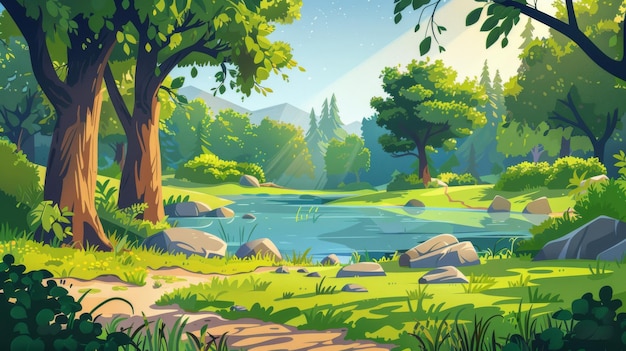 Panorama przyrody z łąką, stawem, zieloną trawą, krzewami, promieniami słońca, kamieniami i drzewami w letnim lesie, nowoczesna ilustracja kreskówkowa krajobrazu w letnim lasie