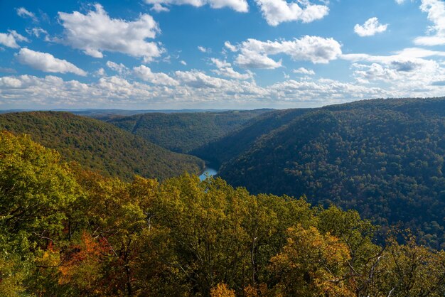 Panorama rzeki Cheat płynącej przez wąski zalesiony wąwóz jesienią z dala od jeziora Cheat w pobliżu Morgantown WV