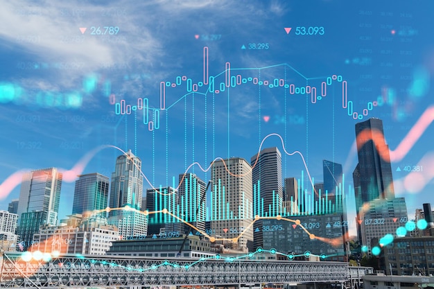 Panorama Seattle z widokiem na nabrzeże Wieżowce finansowego centrum w ciągu dnia Waszyngton USA Hologram wykresu Forex Pojęcie pośrednictwa w handlu internetowym i analiza fundamentalna