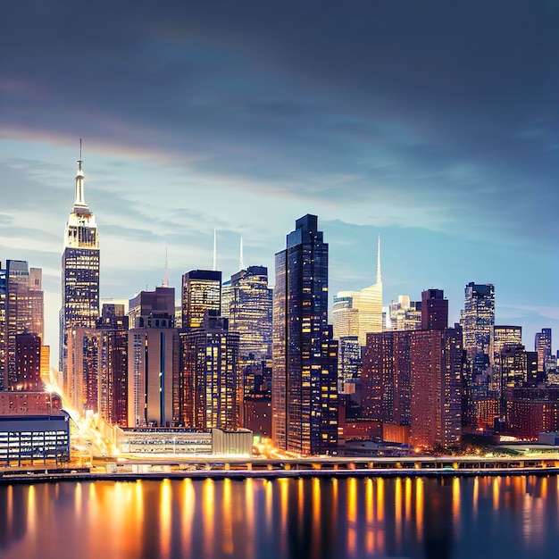 Panorama śródmieścia Manhattanu w Nowym Jorku o zmierzchu z oświetlonymi drapaczami chmur nad wschodnią rzeką