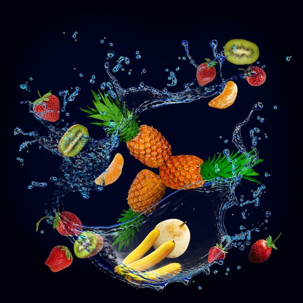 Panorama tapety z owocami w wodzie świeży ananas truskawka kiwi banan gruszka są pełne witamin dla diety