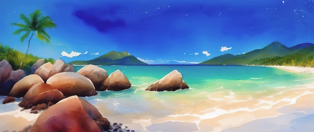 Panorama tropikalnej plaży z palmami i skałami Seszele Generative AI