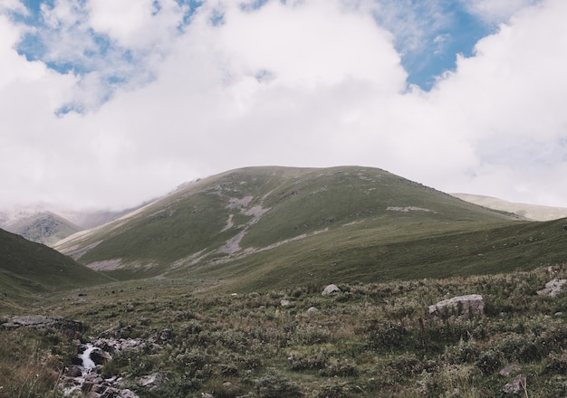 Panorama widok gór scen w parku narodowym Dombay, Kaukaz, Rosja, Europa. Dramatyczne błękitne niebo i słoneczny letni krajobraz