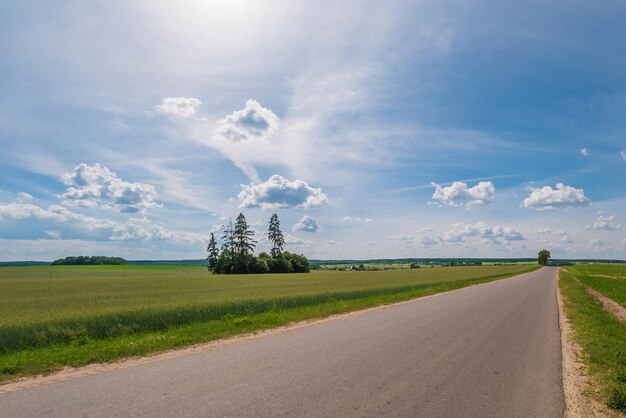 Panorama wspaniałego krajobrazu drogi na łące i pięknego nieba z chmurami