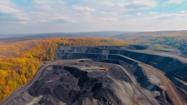 panorama z lotu ptaka kopalni węgla Duża żółta ciężarówka górnicza dla kamieniołomu Generative AI ilustrator