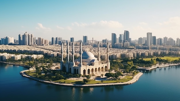 Panorama z lotu ptaka Sharjah nad wyspą Al Noor i meczetem