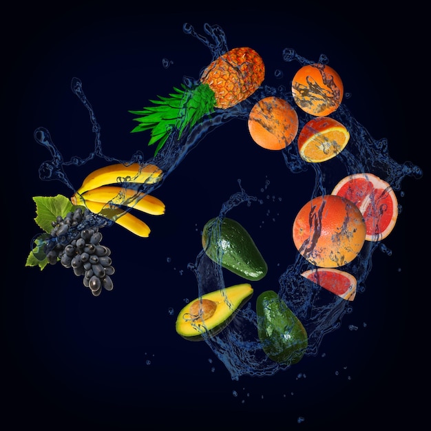 Zdjęcie panorama z owocami w plamach wody soczyste winogrona banan ananas pomarańczowy grejpfrut awokado pełne witamin i składników odżywczych