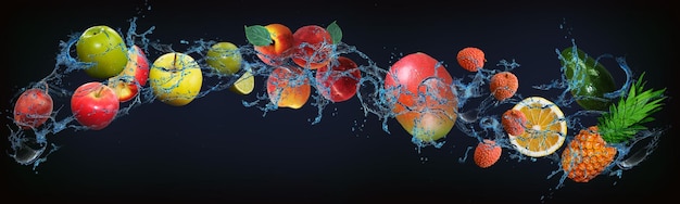 Panorama z owocami w wodzie soczysta śliwka jabłko limonka brzoskwinia mango liczi cytryna ananas ładunek witalności i zdrowia dla człowieka