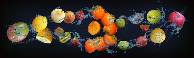 Panorama z owocami w wodzie soczyste mango cytryna kiwi gruszka truskawka persymona limonka śliwka malina jabłko skarb witamin i minerałów dla zdrowia człowieka