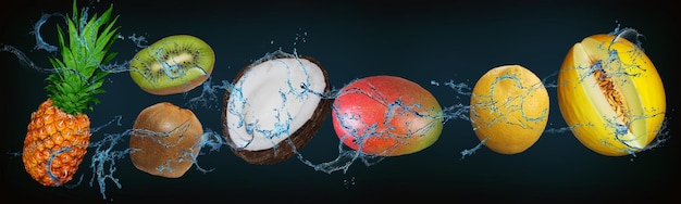 Panorama z owocami w wodzie soczyste mango melon kiwi ananas cytryna kokos są bardzo zdrowe i pełne witamin i składników odżywczych
