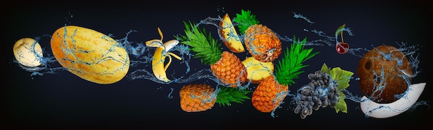 Panorama z owocami w wodzie soczyste winogrona melon gruszka ananas kokos wiśnia dobry prezent na Boże Narodzenie i Nowy Rok