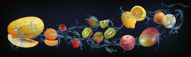 Panorama z owocami w wodzie soczysty melon mandarynka truskawka kiwi jabłko cytryna gruszka wzmacniają nasze zdrowie pożytecznymi substancjami