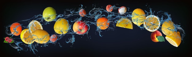 Zdjęcie panorama z soczystymi owocami w wodzie cytryna brzoskwinia liczi jabłko malina to bogactwo smaków i korzyści zdrowotnych