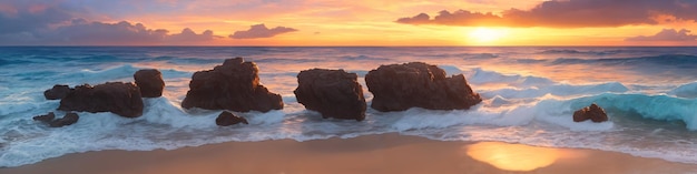 Panorama zachodu słońca nad oceanem z falami rozbijającymi się o brzeg i kilkoma dużymi kamieniami na pierwszym planie Ilustracja pejzażu morskiego z piaszczystą plażą pochmurne niebo i zachodzące słońce Generacyjna sztuczna inteligencja