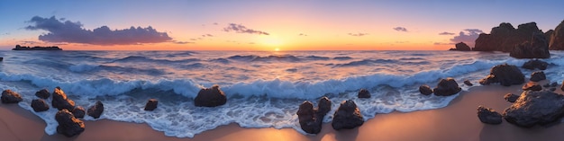 Panorama zachodu słońca nad oceanem z falami rozbijającymi się o brzeg kamienie na pierwszym planie i skały w wodzie Ilustracja pejzażu morskiego z piaszczystą plażą pochmurne niebo i zachodzące słońce Generacyjna sztuczna inteligencja