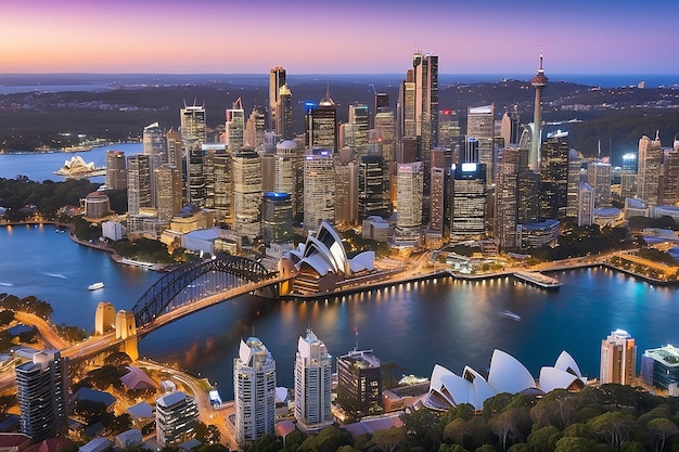 Panoramę centrum Sydney w Australii o zmierzchu