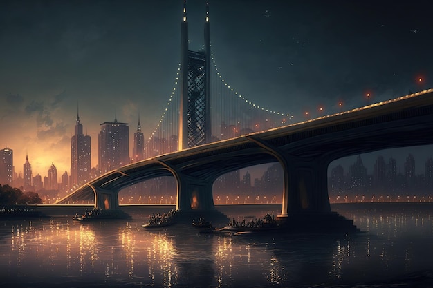 Panoramę Kantonu widzianą z rzeki Perłowej z mostem Liede oświetlonym w nocy Chinas Guangzhou