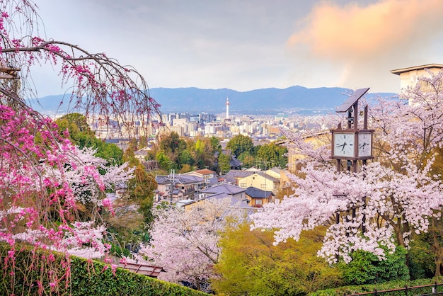 Panoramę miasta Kioto z sakura w Japonii