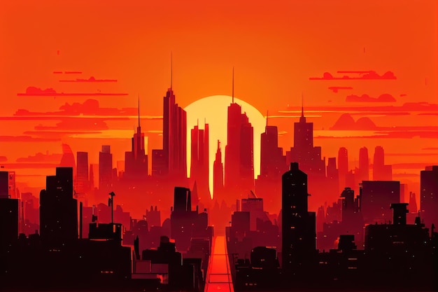 Panoramę miasta o zmierzchu z ciepłym zachodem słońca i pomarańczowym niebem