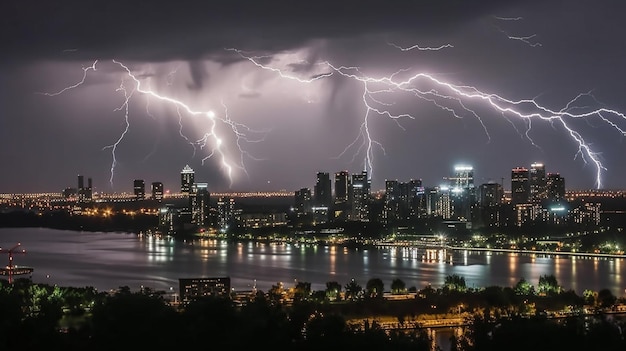 Panoramę miasta z uderzeniami pioruna na pierwszym planie.