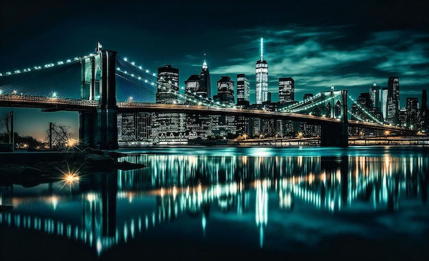 Panoramę mostu brooklyńskiego nocą ze światłami miasta odbijającymi się w drewnie