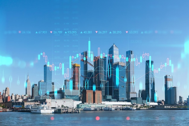 Panoramę Nowego Jorku od New Jersey nad rzeką Hudson w kierunku Hudson Yards w dzień Manhattan Midtown Hologram wykresu Forex Pojęcie pośrednictwa w handlu internetowym i analiza fundamentalna