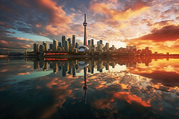 Panoramę Szanghaju o zachodzie słońca z odbiciem w rzece Huangpu Chińska wieża CN i odbicie w porcie Toronto AI Wygenerowano