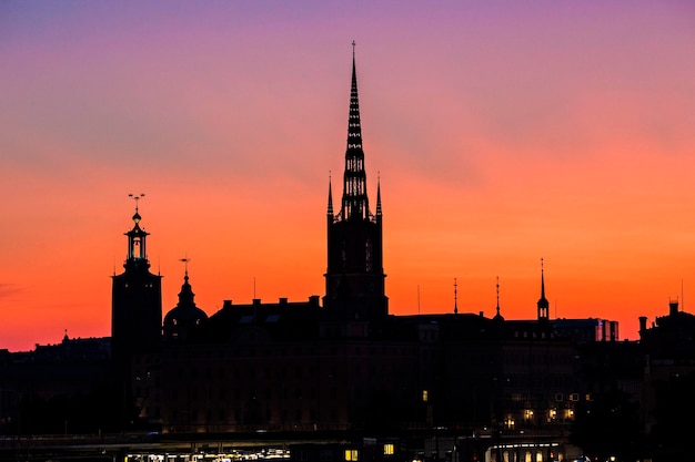 Panoramę Sztokholmu o zachodzie słońca, piękny zachód słońca nad Starym Miastem w Sztokholmie (Gamla Stan)