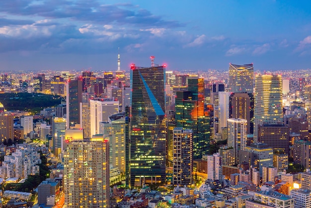 Panoramę Tokio z Tokyo Tower o zmierzchu w Japonii