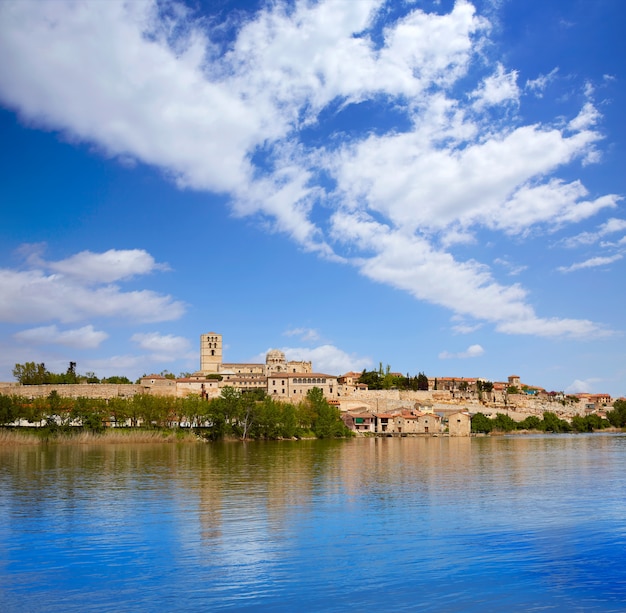 Panoramę Zamora nad rzeką Duero w Hiszpanii