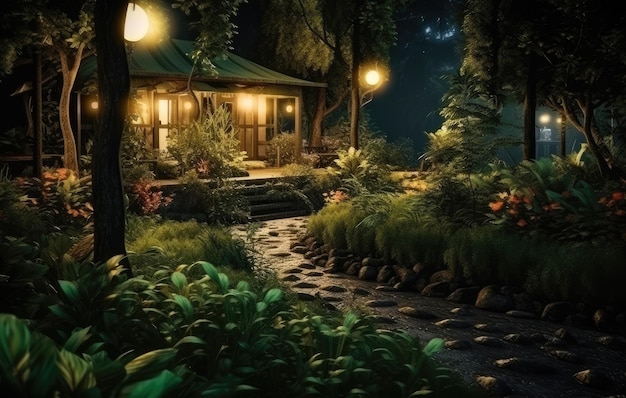 Panoramic Photo of LED Light Posts Illuminated Backyard Garden During Night Hours Modern