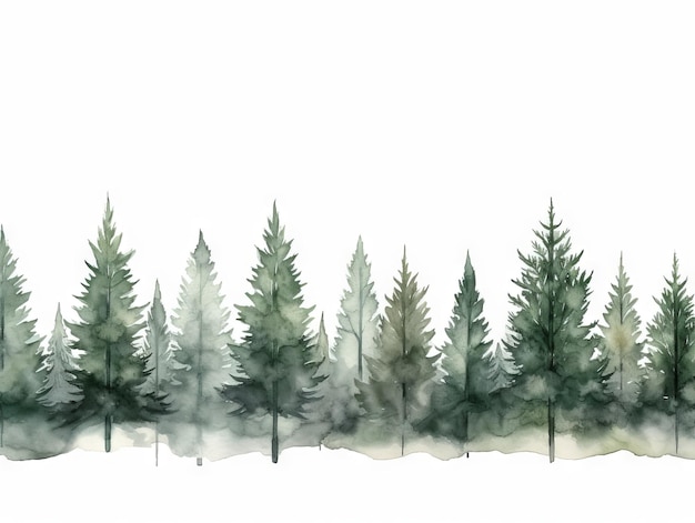 Panoramiczna linia drzew akwarelowych z akacją w ciemnozielonym i jasno szarym stylu Generatywny AI