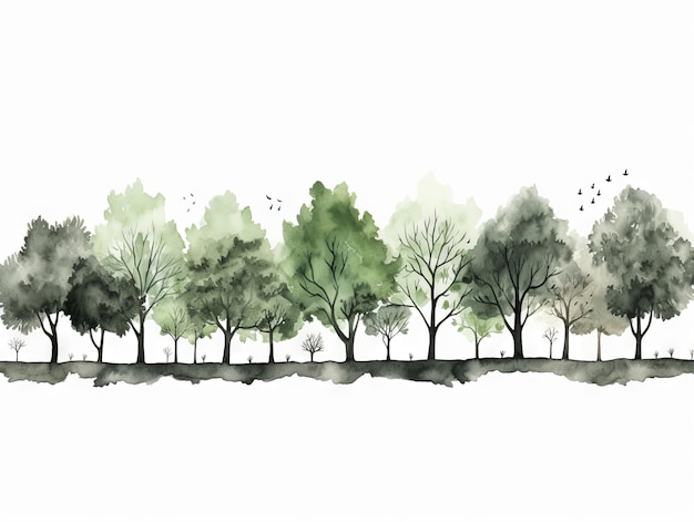 Zdjęcie panoramiczna linia drzew akwarelowych z dębem czarnym na białym tle w ciemnozielonym i jasno szarym stylu generatywny ai