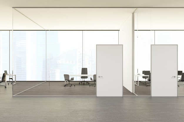 Panoramiczne biuro dyrektora ze szklaną ścianą z dużym stołem i czarnymi krzesłami. Białe drzwi w szklanej ścianie. Makieta renderowania 3D