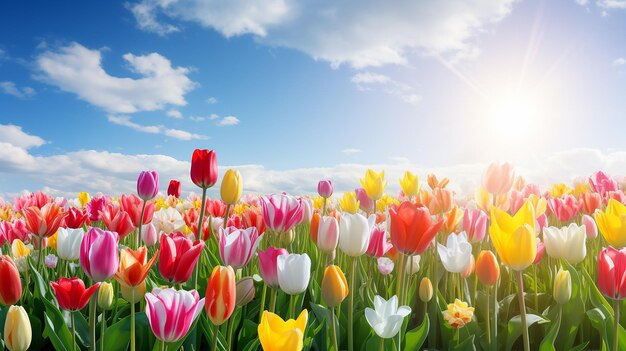 Panoramiczne pole tulipanów w pełnym rozkwicie