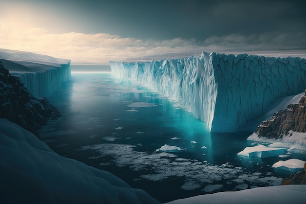 Panoramiczne ujęcie stromej ściany klifu i zamarzniętego oceanu poniżej z górami lodowymi unoszącymi się w oddali