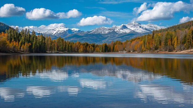 Panoramiczne zdjęcie spokojnego jeziora odzwierciedlającego niebieskie niebo
