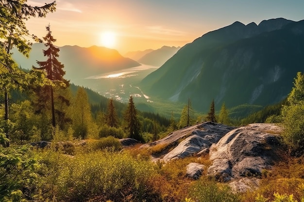 Panoramiczny_kanadyjski_krajobraz_z_górami_i_słońcem